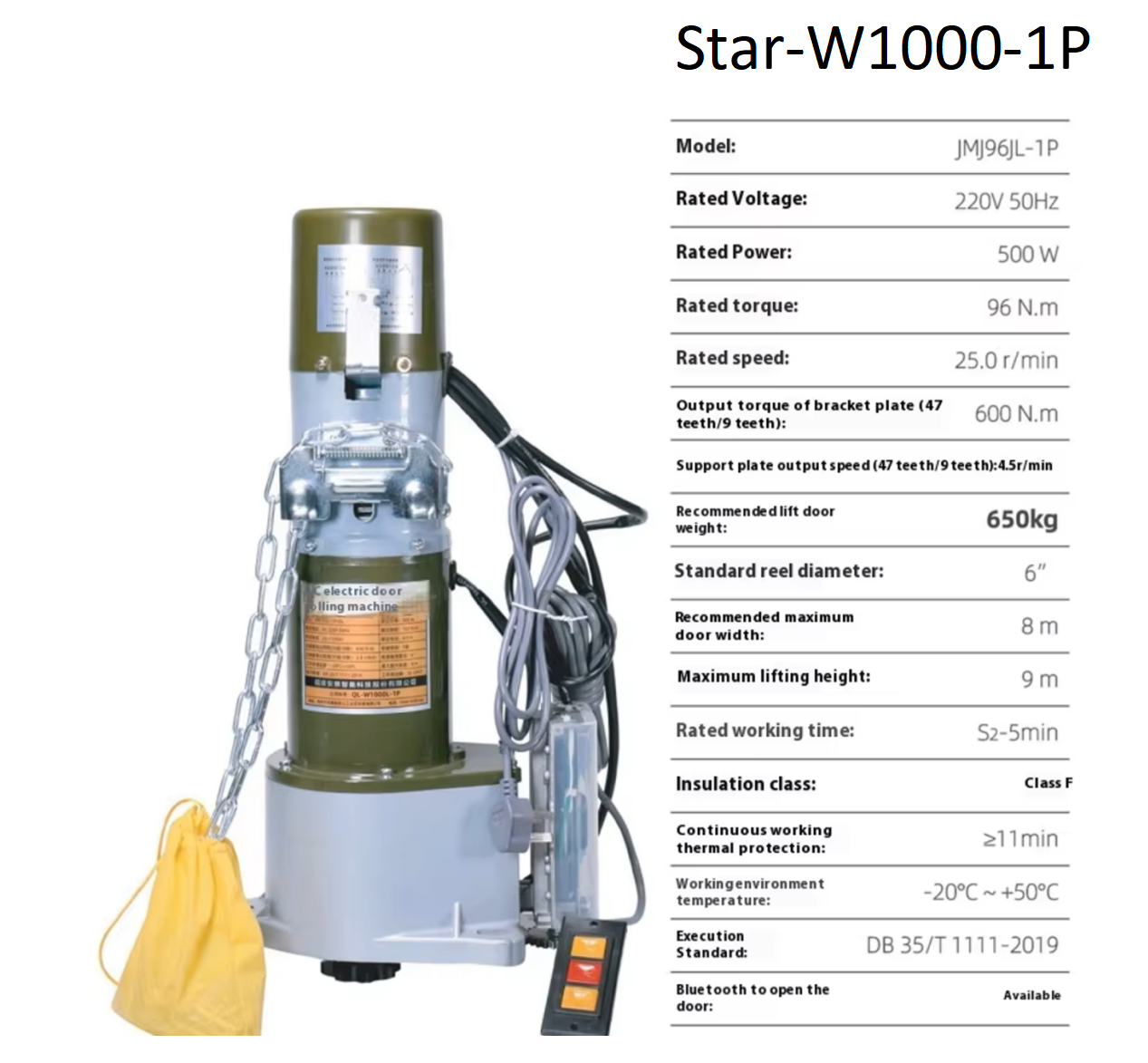 Pstar rolling door motor product and specification board